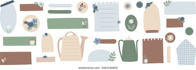 Bullet journal blank paper notes garden themed. Cute text boxes for digital planning. Garden sticky notes for digital planner and organizer. Vector illustration