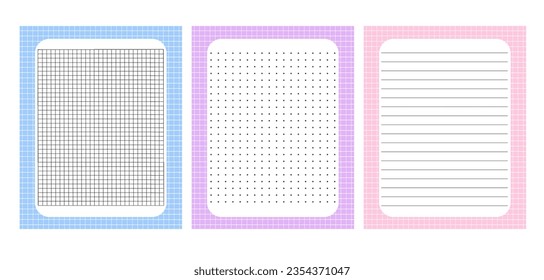 Bullet journal blank printable page templates set, simple minimalist checked blue, pink, violet frame vector illustration, things to do reminder, notes, fill in planner to organize any life event