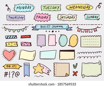 Bullet journal book notes paper and to do list collection set in colorful style