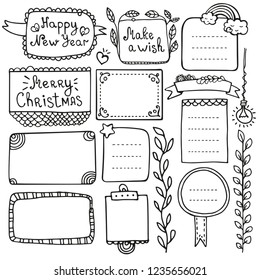 Bullet journal and Christmas hand drawn vector elements for notebook, diary and planner. Doodle frames isolated on white background. 