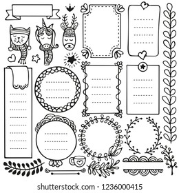 Bullet journal and Christmas hand drawn vector elements for notebook, diary and planner. Doodle frames isolated on white background. 