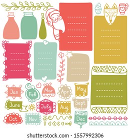 Bullet journal, Christmas, New Year and winter hand drawn vector elements for notebook, diary and planner. Doodle frames isolated on white background.