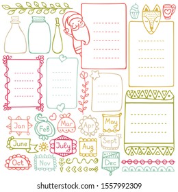 Bullet journal, Christmas, New Year and winter hand drawn vector elements for notebook, diary and planner. Doodle frames isolated on white background.