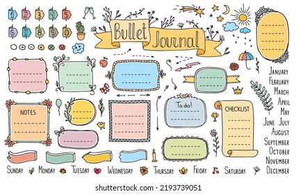 Bullet Journal Farbe doodle Kalender Elemente und Scrapbook Notizen, Vektorrahmen. Zeitschriftenpapier oder Kalender-Planer-Cartoon-Doodle-Stift-Aufkleber mit Wochentag und Monat, Schrottbücheretiketten