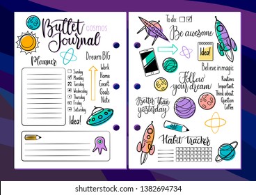Bullet Journal colored set: planner and organiser elements and cosmic objects icons: rockets, ufo, planets. Plus handwritten calligraphy elements and motivational phrases, weekdays and checkboxes. 