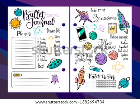 Bullet Journal colored set: planner and organiser elements and cosmic objects icons: rockets, ufo, planets. Plus handwritten calligraphy elements and motivational phrases, weekdays and checkboxes. 