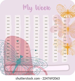 Bullet journal coloured School timetable with FLOWER AND BUTTERFLY themes. Week days, months, planner, habit tracker,