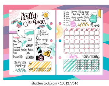 Bullet journal coloured set with handwriting & calligraphy. Cute vector diary elements isolated on white. Week days, months, planner, habit tracker, cats, smartphone, camera, and motivation phrases.