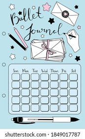 Bullet journal coloured set with handwriting & calligraphy. Cute vector diary elements isolated on white. Week days.