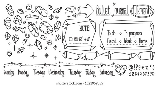 Bullet Journal Crystal Doodles. Hand Drawn Gemstones For Notebook, Diary. Cute Doodle Isolated On White.