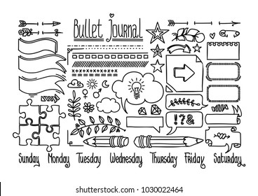 Bullet Journal And Diary Elements Isolated On White. Cute Hand Drawn Line Doodles, Speech Bubble And Banners. Hand Drawn Doodle Set For Notebook.