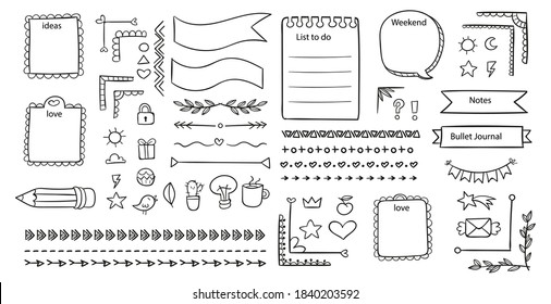 Bullet journal and diary elements isolated on white. Cute Hand drawn line doodles, speech bubble and banners. Hand drawn doodle set for notebook.