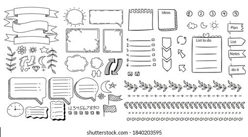 Bullet journal and diary elements isolated on white. Cute Hand drawn line doodles, speech bubble and banners. Hand drawn doodle set for notebook.