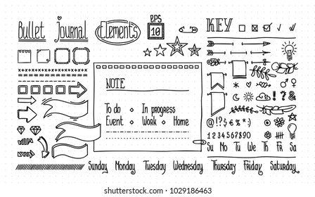 Bullet journal and diary elements set on dot texture. Cute Hand drawn Doodle Banners for notebook. Numbers and days of week: Sunday, Monday, Tuesday, Wednesday, Thursday, Friday, Saturday.