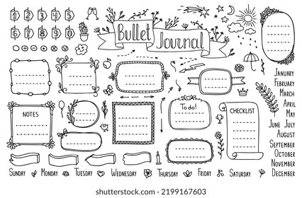 Bullet Journal, Dodle-Tagebuchelemente, Memo-Notizen und Vektorseitenaufkleber. Zeitschriftenblattplaner oder Kalender-Etiketten für die Erstellung von Listen-, Agenda- und Doodle-Nachrichten