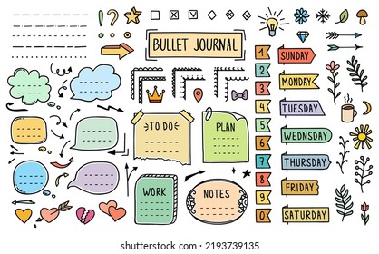 Elementos de color del diario del doodle de la revista Bullet, pegatinas y notas de papel, marco del bloc de notas vectorial. Programador de diario de viñetas semana día y números pegatinas, para hacer etiquetas y banners de planes de listas o calendarios