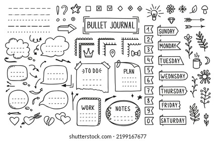 Diario de viñetas, elementos del diario de doodle o etiquetas de página y recordatorios de notas de vectores. Carteles de mensajes del diario de viñetas o del cuaderno de calendario para el planificador escolar o para hacer listas y etiquetas de agenda en doodle