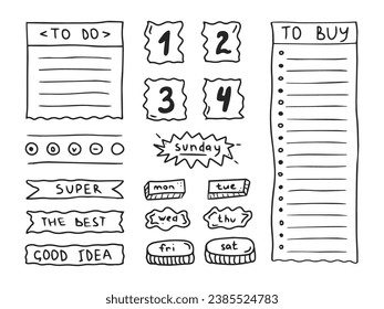 Bullet journal doodle set. Hand drawn elements, stickers, planner labels. Sketch scribble style. Vector illustration for diary, planner, notebook
