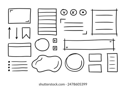 Bullet journal doodle set. Hand drawn elements, stickers, planner labels. Sketch scribble style. Vector illustration for diary, planner, notebook