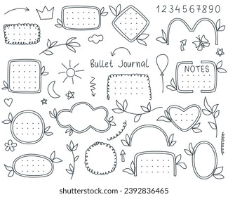 Bullet Journal doodle Sketch Stil Set. Kollektion von einfachen handgezeichneten Elementen für Journalisierung, Schreiben, Planerdesign und mehr. Rahmen, Felge, Linie, Pfeil, Herz, Mond, Stern und andere Clipart-Kunst