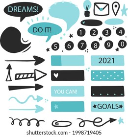 Bullet journal element. Handwritten sketch doodle. Diary planer, planner, calendar decoration design. Sketchbook symbol, label set. Bullet journal arrow, sticker, divider. Vector illustration.  