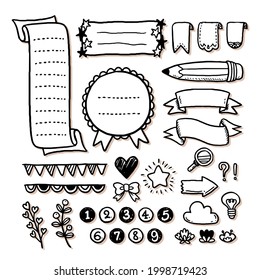 Bullet-Journal-Element. Handgeschriebenes Skizzendoodle. Tagebuchplaner, Planer, Kalenderdekorationsdesign. Sketchbook-Symbol, Label-Set. Stille Zeitschriftenpfeil, Aufkleber, Trenner. Vektorgrafik.  