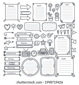 Bullet journal element. Handwritten sketch doodle. Diary planer, planner, calendar decoration design. Sketchbook symbol, label set. Bullet journal arrow, sticker, divider. Vector illustration.  