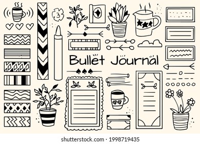 Bullet journal element. Handwritten sketch doodle. Diary planer, planner, calendar decoration design. Sketchbook symbol, label set. Bullet journal arrow, sticker, divider. Vector illustration.  