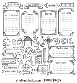 Bullet journal element. Handwritten sketch doodle. Diary planer, planner, calendar decoration design. Sketchbook symbol, label set. Bullet journal arrow, sticker, divider. Vector illustration.  