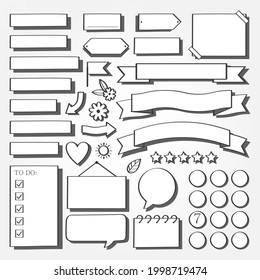 Bullet journal element. Handwritten sketch doodle. Diary planer, planner, calendar decoration design. Sketchbook symbol, label set. Bullet journal arrow, sticker, divider. Vector illustration.  