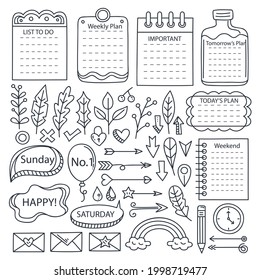 Bullet journal element. Handwritten sketch doodle. Diary planer, planner, calendar decoration design. Sketchbook symbol, label set. Bullet journal arrow, sticker, divider. Vector illustration.  