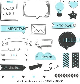 Bullet journal element. Handwritten sketch doodle. Diary planer, planner, calendar decoration design. Sketchbook symbol, label set. Bullet journal arrow, sticker, divider. Vector illustration.  