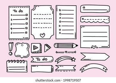 Bullet-Journal-Element. Handgeschriebenes Skizzendoodle. Tagebuchplaner, Planer, Kalenderdekorationsdesign. Sketchbook-Symbol, Label-Set. Stille Zeitschriftenpfeil, Aufkleber, Trenner. Vektorgrafik.  