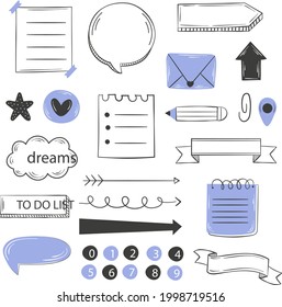 Bullet journal element. Handwritten sketch doodle. Diary planer, planner, calendar decoration design. Sketchbook symbol, label set. Bullet journal arrow, sticker, divider. Vector illustration.  