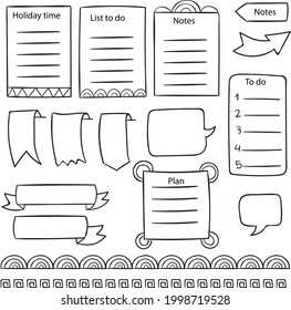 Bullet journal element. Handwritten sketch doodle. Diary planer, planner, calendar decoration design. Sketchbook symbol, label set. Bullet journal arrow, sticker, divider. Vector illustration.  