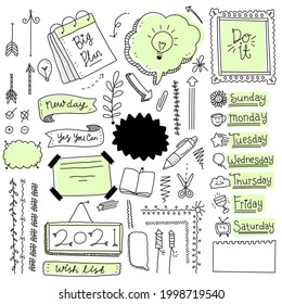 Bullet journal element. Handwritten sketch doodle. Diary planer, planner, calendar decoration design. Sketchbook symbol, label set. Bullet journal arrow, sticker, divider. Vector illustration.  