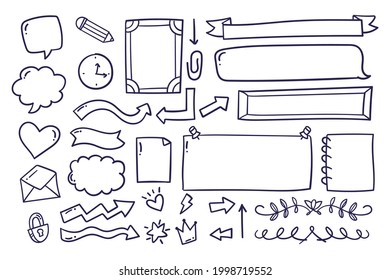 Bullet journal element. Handwritten sketch doodle. Diary planer, planner, calendar decoration design. Sketchbook symbol, label set. Bullet journal arrow, sticker, divider. Vector illustration.  