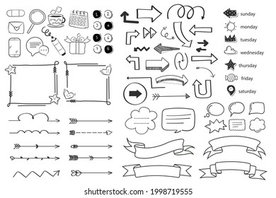 Bullet-Journal-Element. Handgeschriebenes Skizzendoodle. Tagebuchplaner, Planer, Kalenderdekorationsdesign. Sketchbook-Symbol, Label-Set. Stille Zeitschriftenpfeil, Aufkleber, Trenner. Vektorgrafik.  