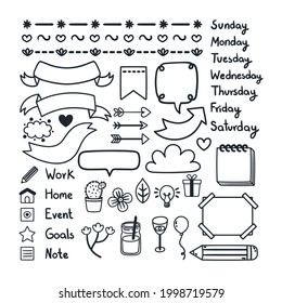 Bullet journal element. Handwritten sketch doodle. Diary planer, planner, calendar decoration design. Sketchbook symbol, label set. Bullet journal arrow, sticker, divider. Vector illustration.  
