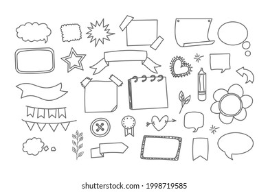 Elemento de diario de viñetas. Dibujo manuscrito. Planador diario, planificador, diseño de decoración de calendario. Símbolo del libro de esbozo, conjunto de etiquetas. Flecha del diario de viñetas, pegatina, divisor. Ilustración vectorial.  