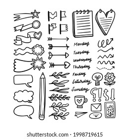 Bullet journal element. Handwritten sketch doodle. Diary planer, planner, calendar decoration design. Sketchbook symbol, label set. Bullet journal arrow, sticker, divider. Vector illustration.  