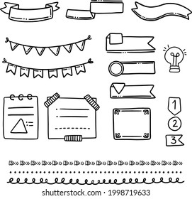 Elemento de diario de viñetas. Dibujo manuscrito. Planador diario, planificador, diseño de decoración de calendario. Símbolo del libro de esbozo, conjunto de etiquetas. Flecha del diario de viñetas, pegatina, divisor. Ilustración vectorial.  