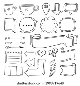 Bullet-Journal-Element. Handgeschriebenes Skizzendoodle. Tagebuchplaner, Planer, Kalenderdekorationsdesign. Sketchbook-Symbol, Label-Set. Stille Zeitschriftenpfeil, Aufkleber, Trenner. Vektorgrafik.  