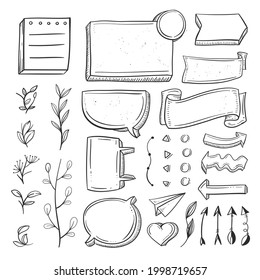 Elemento de diario de viñetas. Dibujo manuscrito. Planador diario, planificador, diseño de decoración de calendario. Símbolo del libro de esbozo, conjunto de etiquetas. Flecha del diario de viñetas, pegatina, divisor. Ilustración vectorial.  