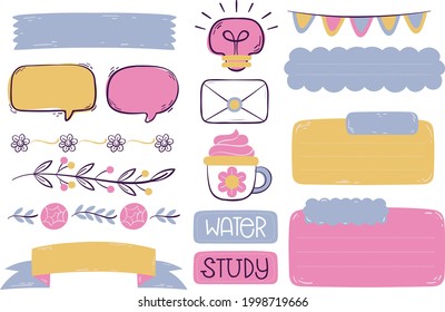 Bullet journal element. Handwritten sketch doodle. Diary planer, planner, calendar decoration design. Sketchbook symbol, label set. Bullet journal arrow, sticker, divider. Vector illustration.  