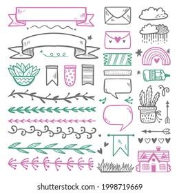 Bullet journal element. Handwritten sketch doodle. Diary planer, planner, calendar decoration design. Sketchbook symbol, label set. Bullet journal arrow, sticker, divider. Vector illustration.  
