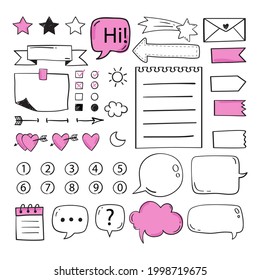Bullet journal element. Handwritten sketch doodle. Diary planer, planner, calendar decoration design. Sketchbook symbol, label set. Bullet journal arrow, sticker, divider. Vector illustration.  