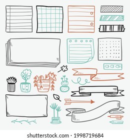 Bullet-Journal-Element. Handgeschriebenes Skizzendoodle. Tagebuchplaner, Planer, Kalenderdekorationsdesign. Sketchbook-Symbol, Label-Set. Stille Zeitschriftenpfeil, Aufkleber, Trenner. Vektorgrafik.  