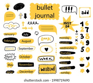 Bullet journal element. Handwritten sketch doodle. Diary planer, planner, calendar decoration design. Sketchbook symbol, label set. Bullet journal arrow, sticker, divider. Vector illustration.  