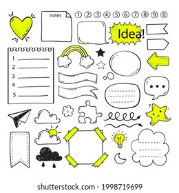 Bullet-Journal-Element. Handgeschriebenes Skizzendoodle. Tagebuchplaner, Planer, Kalenderdekorationsdesign. Sketchbook-Symbol, Label-Set. Stille Zeitschriftenpfeil, Aufkleber, Trenner. Vektorgrafik.  